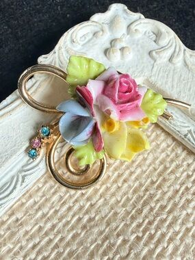 Signed Coro Porcelain Rose & Crocus Brooch